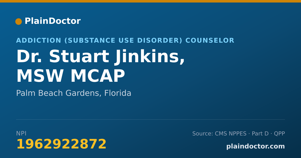 Shareable card for Stuart Jinkins, MSW MCAP - Addiction (Substance Use Disorder) Counselor, Palm Beach Gardens, FL