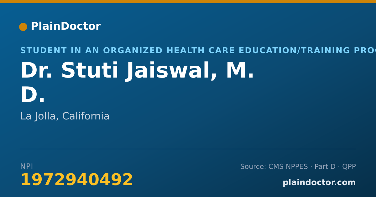 Shareable card for Stuti Jaiswal, M. D. - Student in an Organized Health Care Education/Training Program, La Jolla, CA