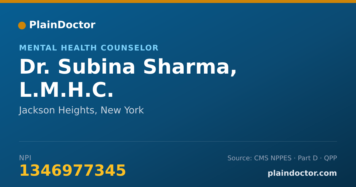 Shareable card for Subina Sharma, L.M.H.C. - Mental Health Counselor, Jackson Heights, NY