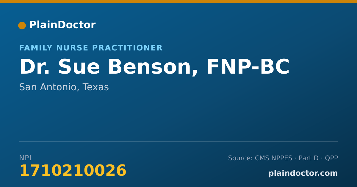 Shareable card for Sue Benson, FNP-BC - Family Nurse Practitioner, San Antonio, TX