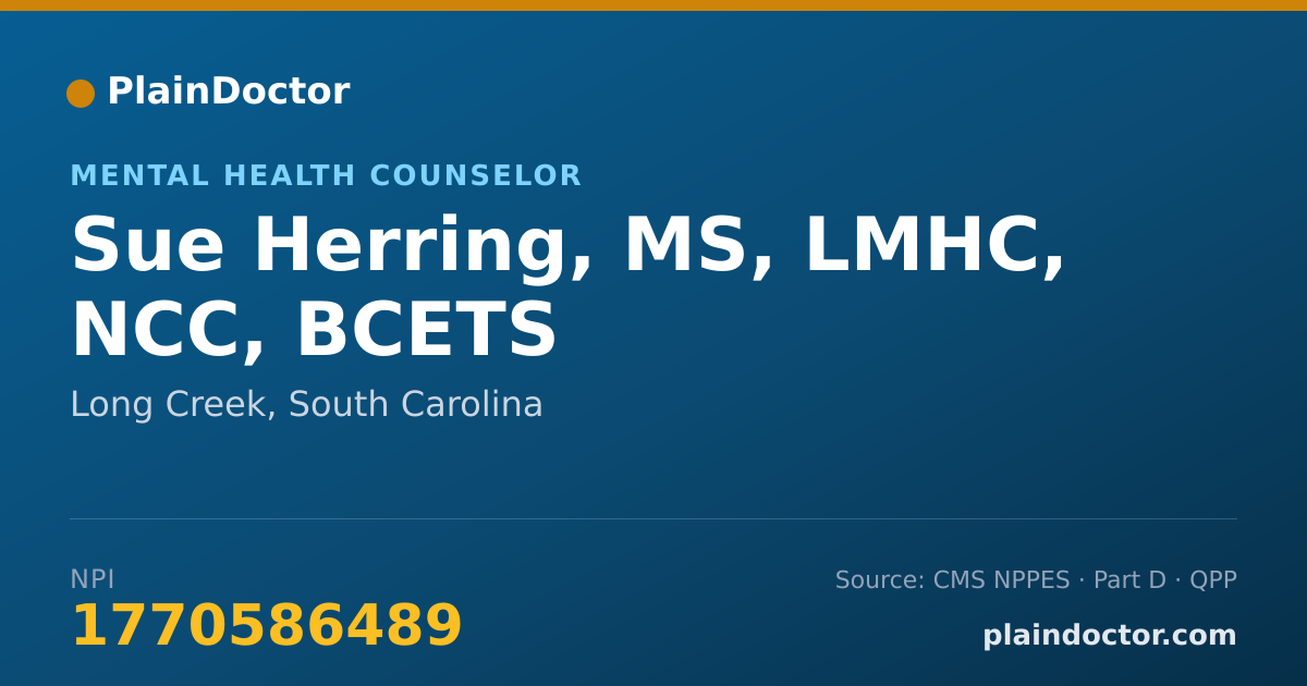 Shareable card for Sue Herring, MS, LMHC, NCC, BCETS - Mental Health Counselor, Long Creek, SC