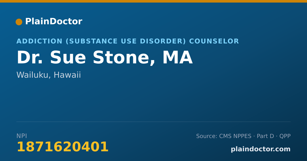 Shareable card for Sue Stone, MA - Addiction (Substance Use Disorder) Counselor, Wailuku, HI