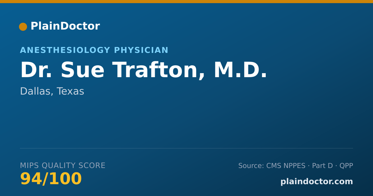 Shareable card for Sue Trafton, M.D. - Anesthesiology Physician, Dallas, TX