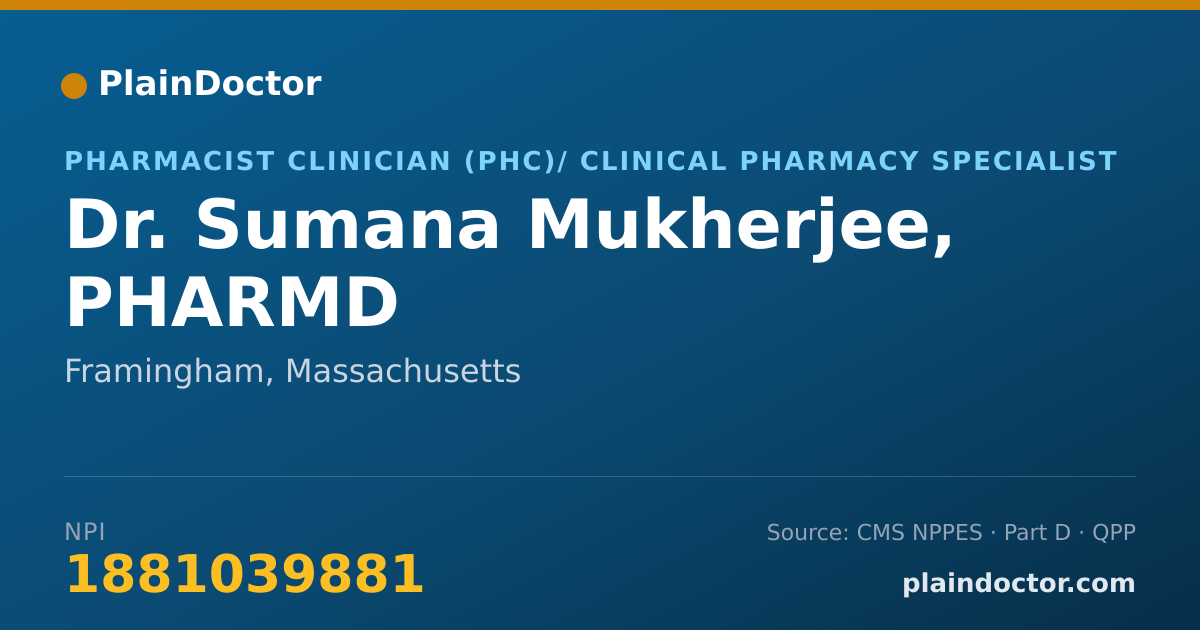 Shareable card for Sumana Mukherjee, PHARMD - Pharmacist Clinician (PhC)/ Clinical Pharmacy Specialist, Framingham, MA