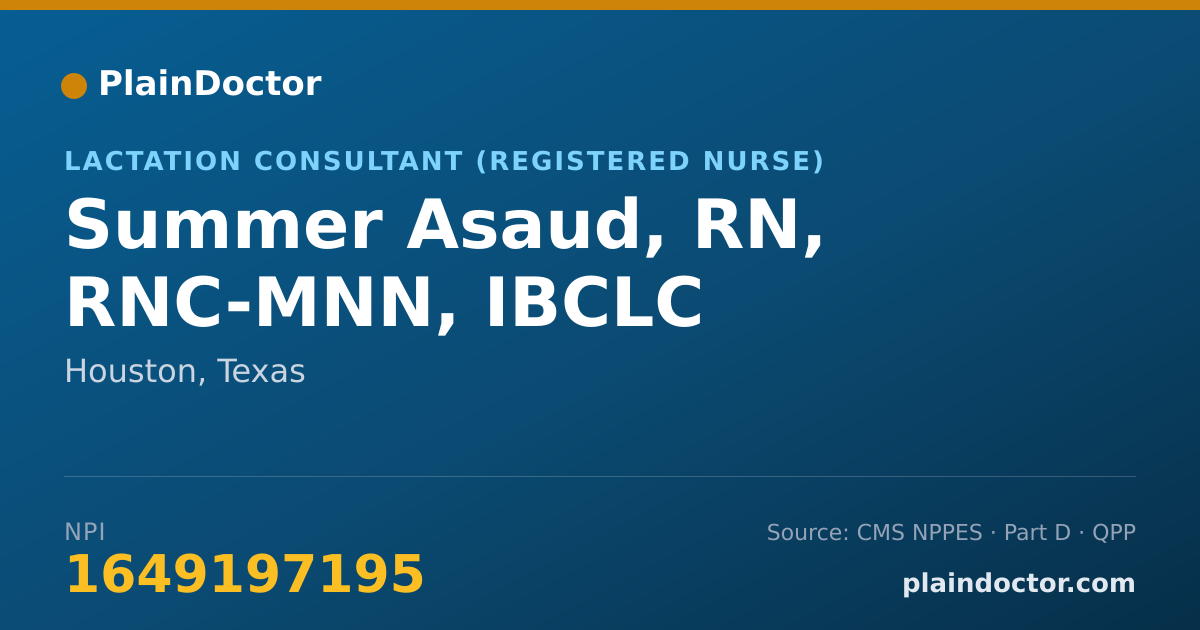 Shareable card for Summer Asaud, RN, RNC-MNN, IBCLC - Lactation Consultant (Registered Nurse), Houston, TX