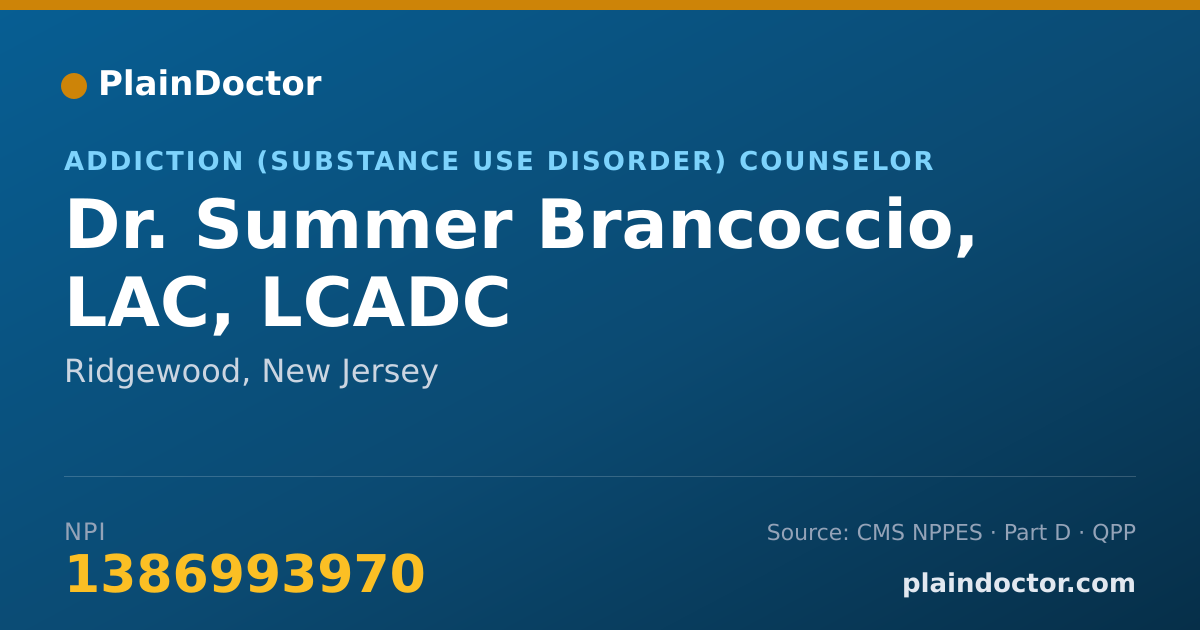 Shareable card for Summer Brancoccio, LAC, LCADC - Addiction (Substance Use Disorder) Counselor, Ridgewood, NJ