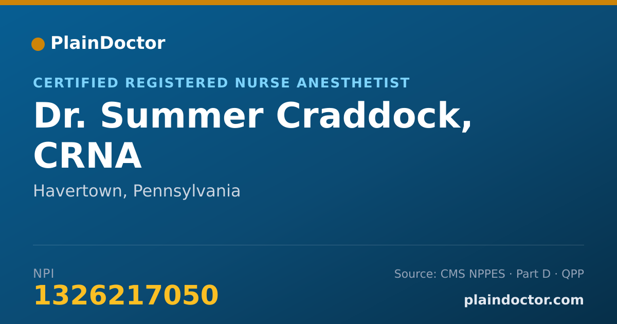 Shareable card for Summer Craddock, CRNA - Certified Registered Nurse Anesthetist, Havertown, PA