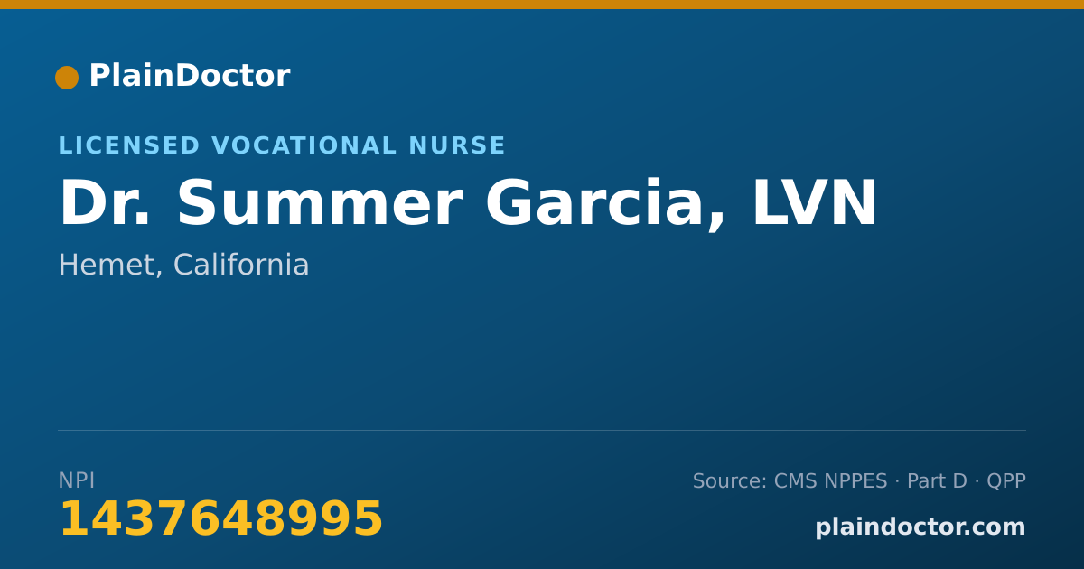 Shareable card for Summer Garcia, LVN - Licensed Vocational Nurse, Hemet, CA