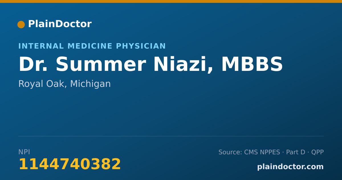 Shareable card for Summer Niazi, MBBS - Internal Medicine Physician, Royal Oak, MI