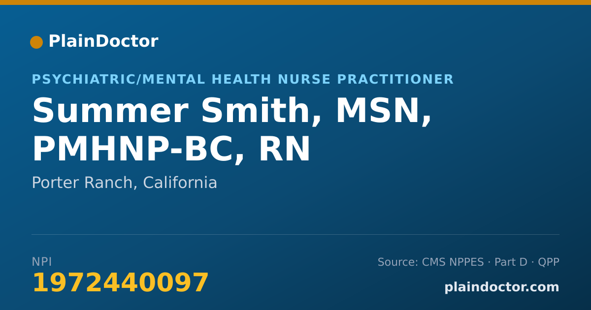 Shareable card for Summer Smith, MSN, PMHNP-BC, RN - Psychiatric/Mental Health Nurse Practitioner, Porter Ranch, CA