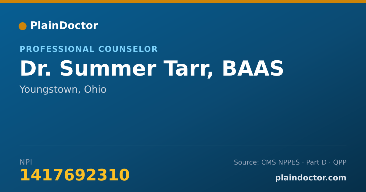 Shareable card for Summer Tarr, BAAS - Professional Counselor, Youngstown, OH