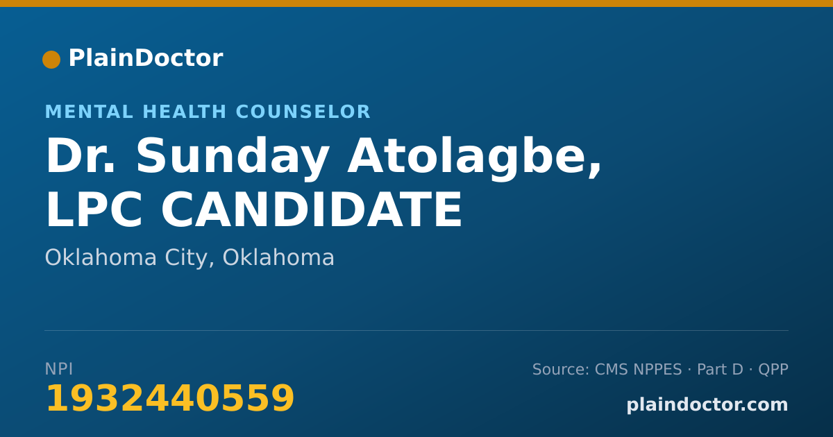 Shareable card for Sunday Atolagbe, LPC CANDIDATE - Mental Health Counselor, Oklahoma City, OK