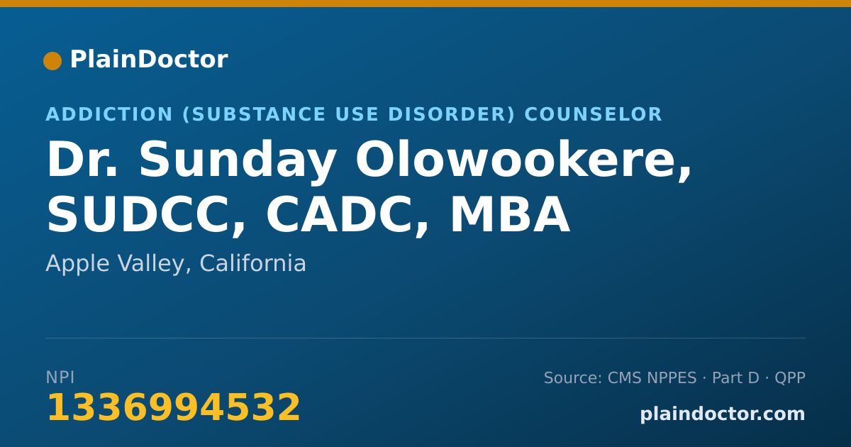 Shareable card for Sunday Olowookere, SUDCC, CADC, MBA - Addiction (Substance Use Disorder) Counselor, Apple Valley, CA