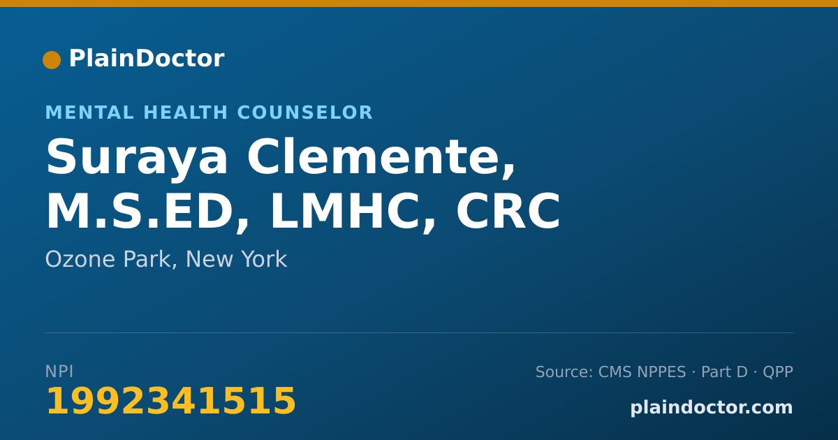 Shareable card for Suraya Clemente, M.S.ED, LMHC, CRC - Mental Health Counselor, Ozone Park, NY