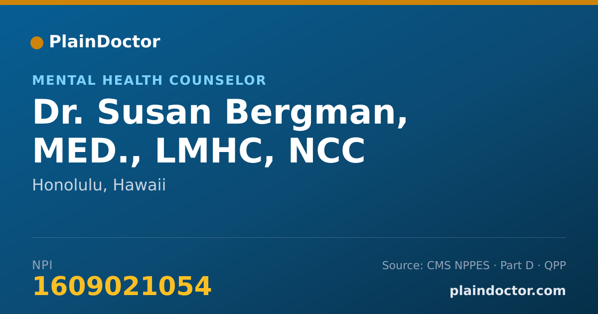 Shareable card for Susan Bergman, MED., LMHC, NCC - Mental Health Counselor, Honolulu, HI