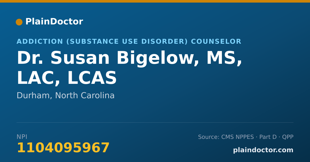 Shareable card for Susan Bigelow, MS, LAC, LCAS - Addiction (Substance Use Disorder) Counselor, Durham, NC