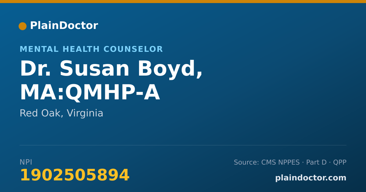 Shareable card for Susan Boyd, MA:QMHP-A - Mental Health Counselor, Red Oak, VA