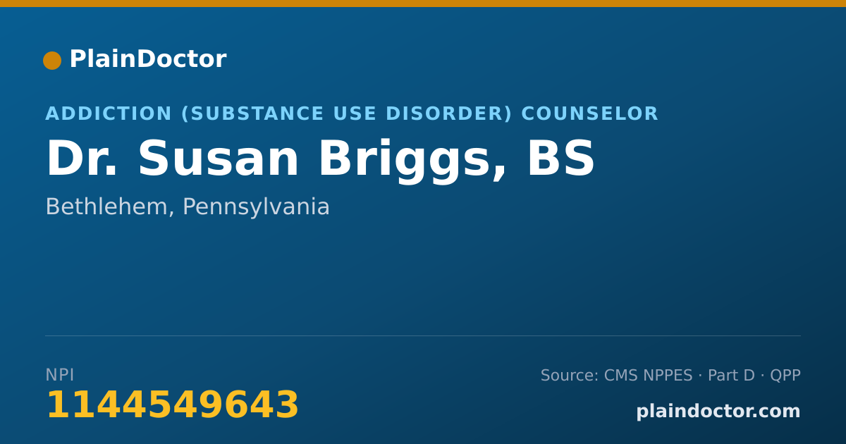 Shareable card for Susan Briggs, BS - Addiction (Substance Use Disorder) Counselor, Bethlehem, PA