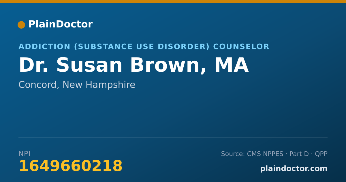 Shareable card for Susan Brown, MA - Addiction (Substance Use Disorder) Counselor, Concord, NH