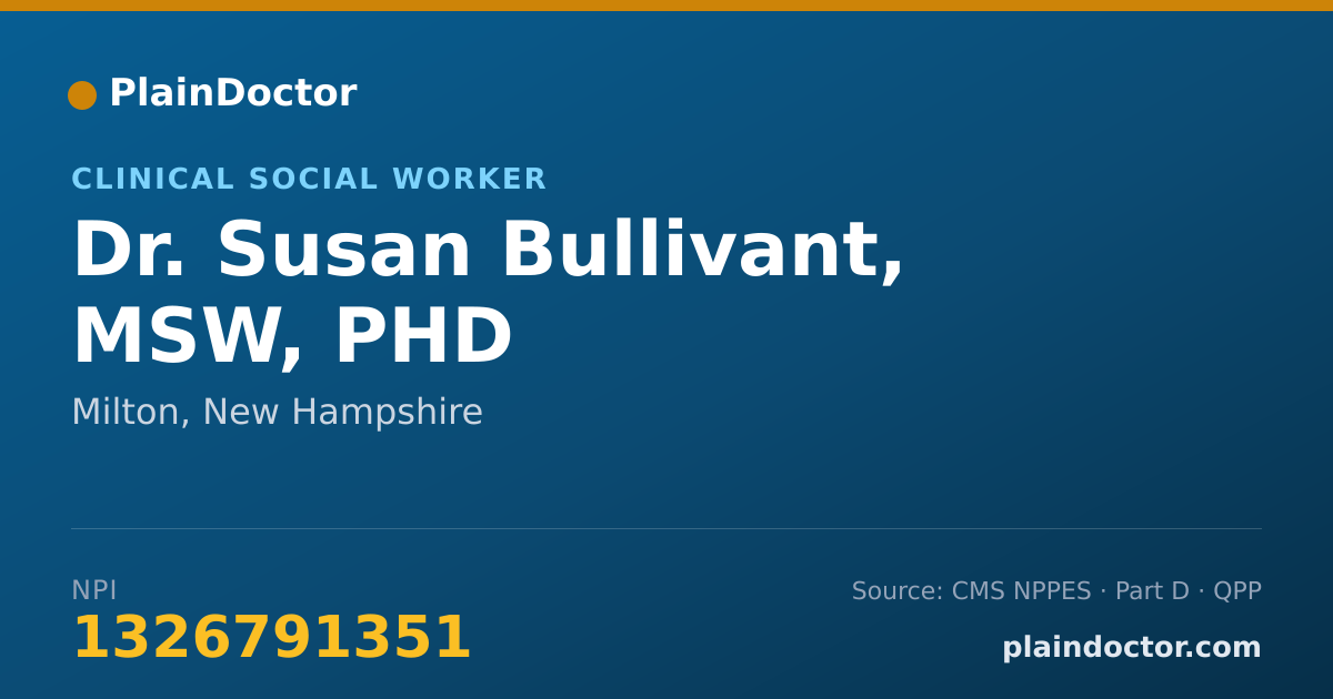 Shareable card for Susan Bullivant, MSW, PHD - Clinical Social Worker, Milton, NH