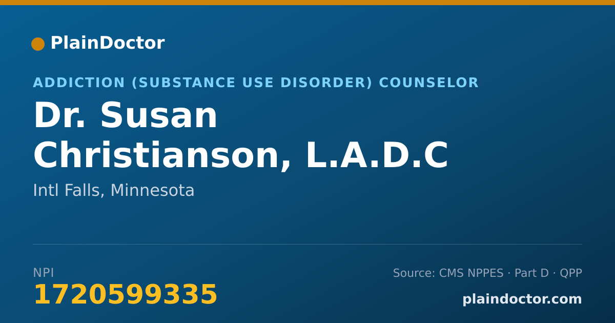 Shareable card for Susan Christianson, L.A.D.C - Addiction (Substance Use Disorder) Counselor, Intl Falls, MN