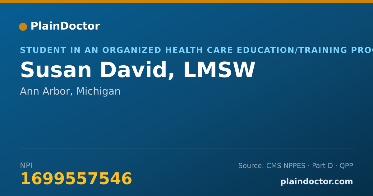 Shareable card for Susan David, LMSW - Student in an Organized Health Care Education/Training Program, Ann Arbor, MI