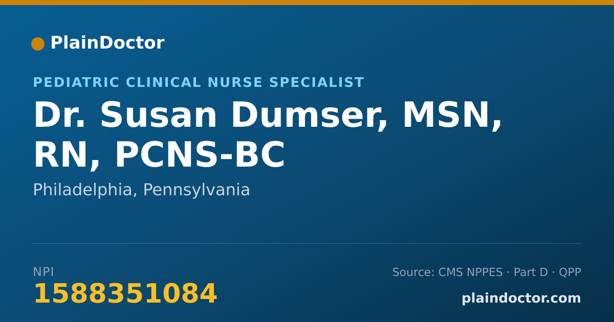Shareable card for Susan Dumser, MSN, RN, PCNS-BC - Pediatric Clinical Nurse Specialist, Philadelphia, PA