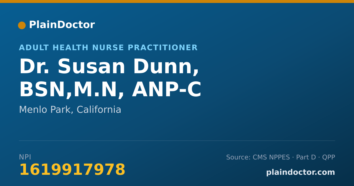 Shareable card for Susan Dunn, BSN,M.N, ANP-C - Adult Health Nurse Practitioner, Menlo Park, CA