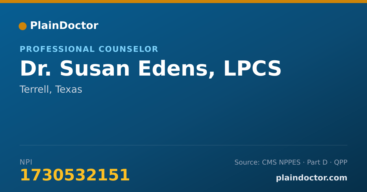 Shareable card for Susan Edens, LPCS - Professional Counselor, Terrell, TX