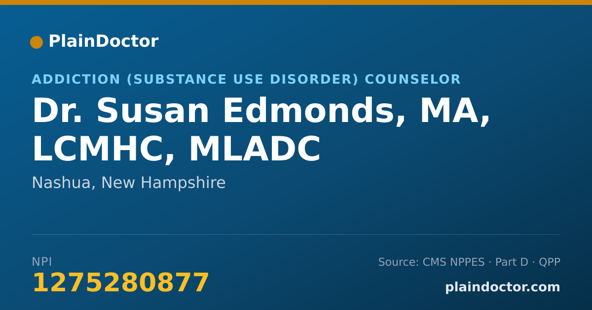 Shareable card for Susan Edmonds, MA, LCMHC, MLADC - Addiction (Substance Use Disorder) Counselor, Nashua, NH
