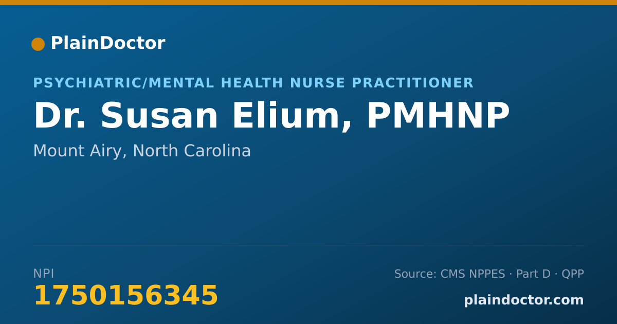 Shareable card for Susan Elium, PMHNP - Psychiatric/Mental Health Nurse Practitioner, Mount Airy, NC