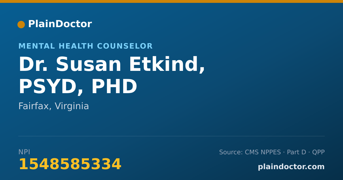 Shareable card for Susan Etkind, PSYD, PHD - Mental Health Counselor, Fairfax, VA