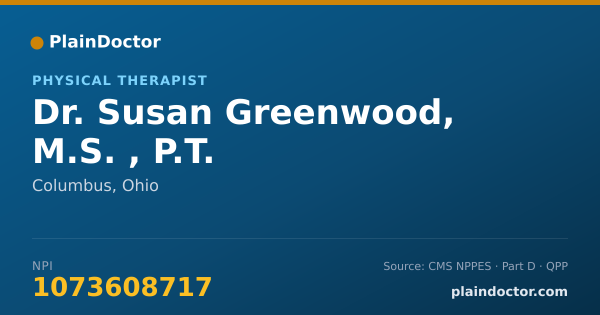 Shareable card for Susan Greenwood, M.S. , P.T. - Physical Therapist, Columbus, OH