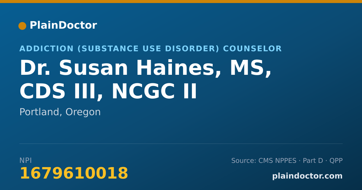 Shareable card for Susan Haines, MS, CDS III, NCGC II - Addiction (Substance Use Disorder) Counselor, Portland, OR