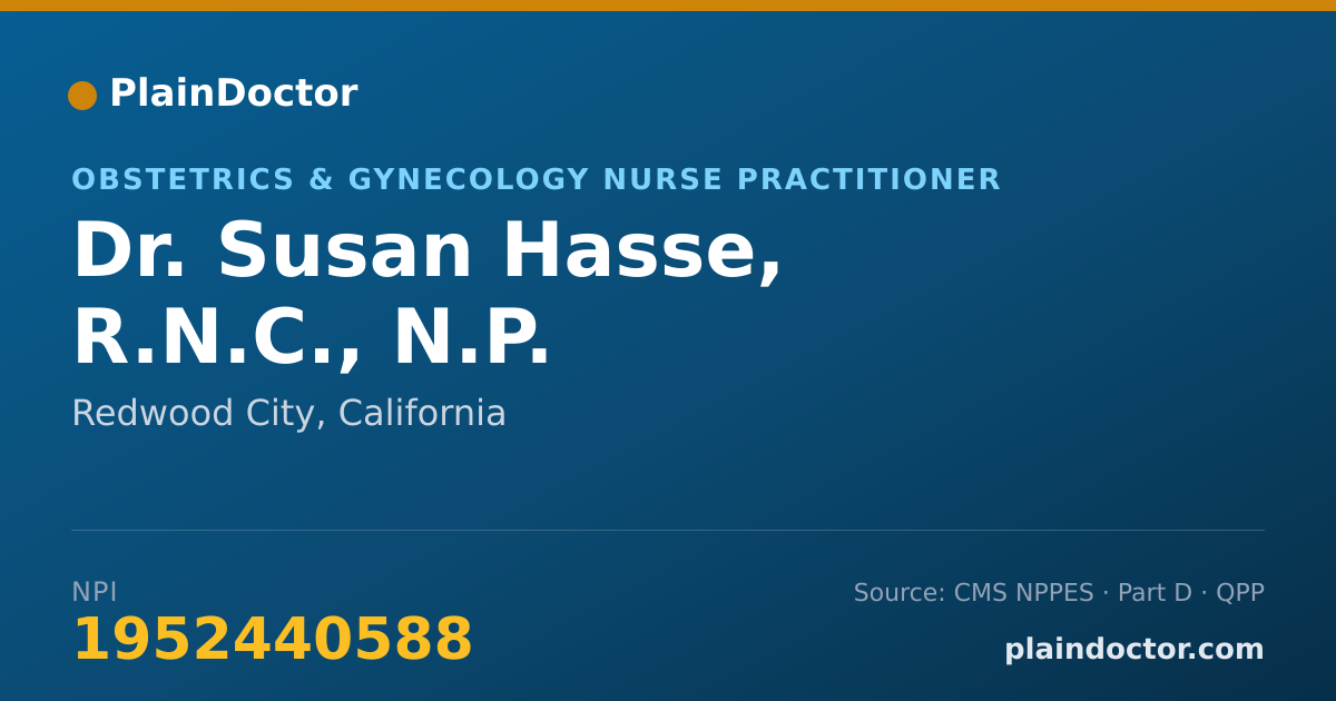 Shareable card for Susan Hasse, R.N.C., N.P. - Obstetrics & Gynecology Nurse Practitioner, Redwood City, CA