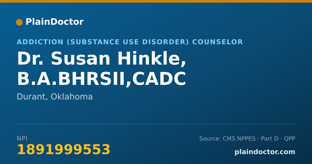 Shareable card for Susan Hinkle, B.A.BHRSII,CADC - Addiction (Substance Use Disorder) Counselor, Durant, OK