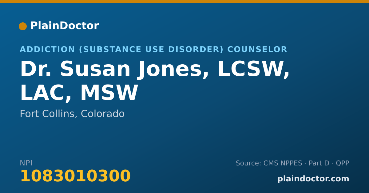 Shareable card for Susan Jones, LCSW, LAC, MSW - Addiction (Substance Use Disorder) Counselor, Fort Collins, CO