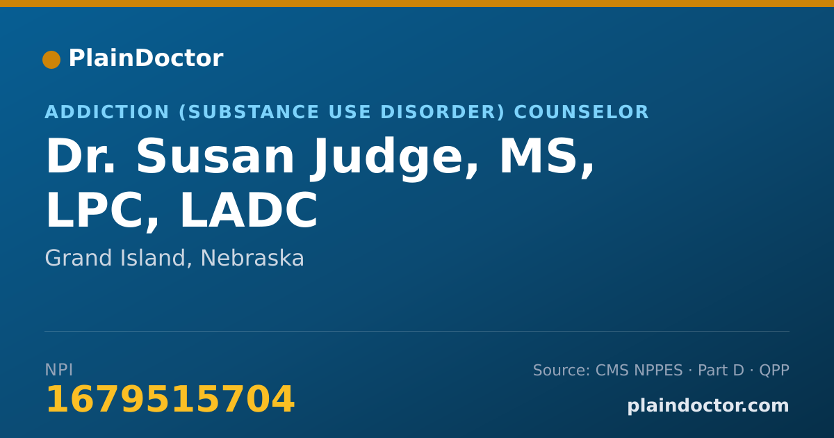 Shareable card for Susan Judge, MS, LPC, LADC - Addiction (Substance Use Disorder) Counselor, Grand Island, NE