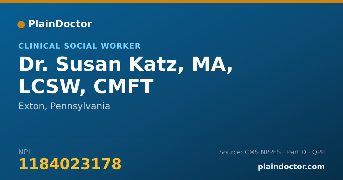 Shareable card for Susan Katz, MA, LCSW, CMFT - Clinical Social Worker, Exton, PA