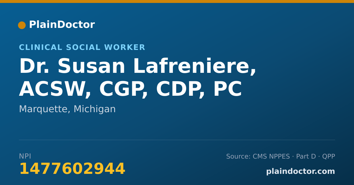 Shareable card for Susan Lafreniere, ACSW, CGP, CDP, PC - Clinical Social Worker, Marquette, MI