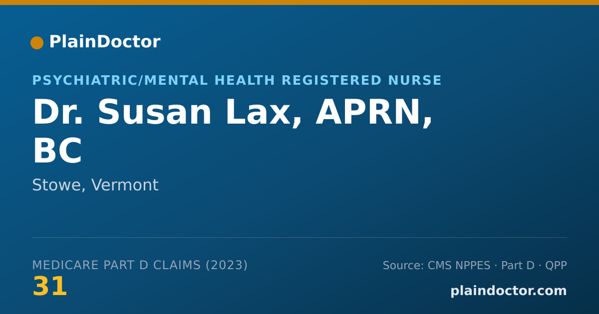 Shareable card for Susan Lax, APRN, BC - Psychiatric/Mental Health Registered Nurse, Stowe, VT