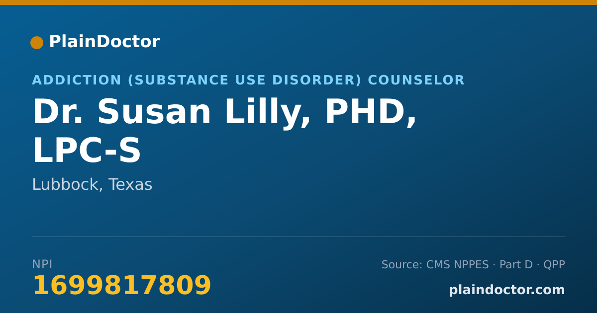 Shareable card for Susan Lilly, PHD, LPC-S - Addiction (Substance Use Disorder) Counselor, Lubbock, TX