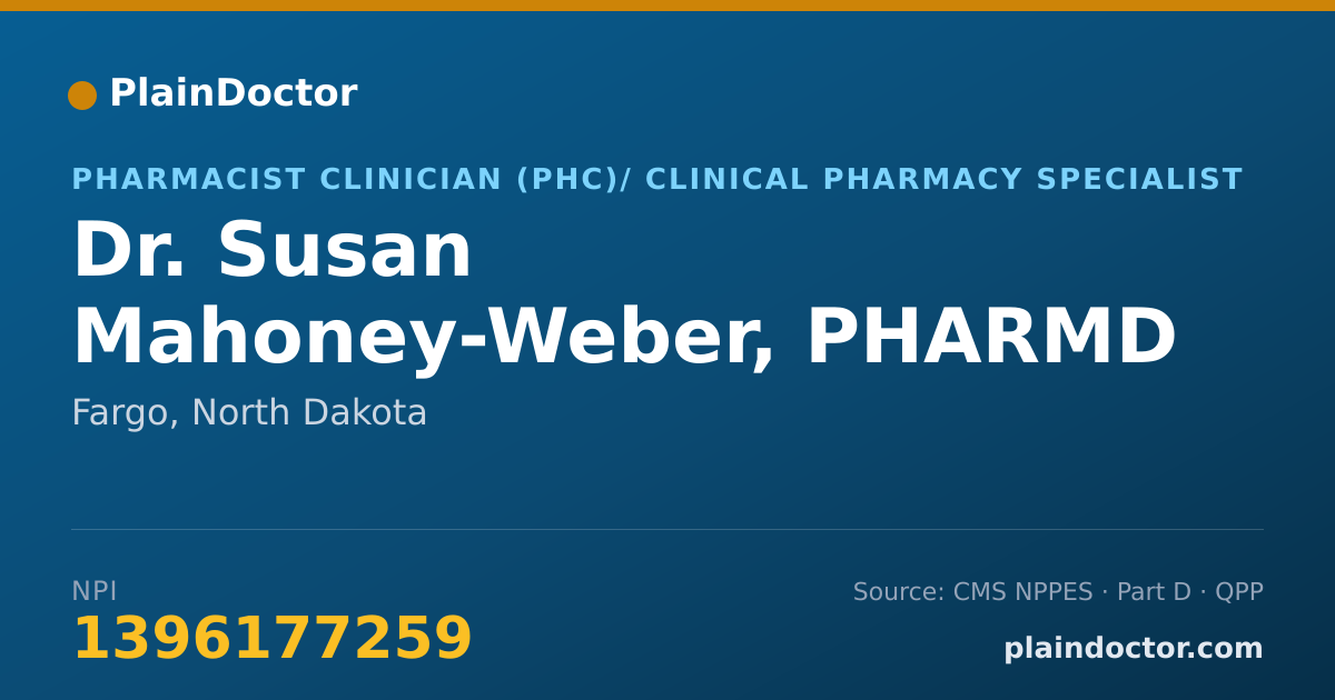 Shareable card for Susan Mahoney-Weber, PHARMD RPH - Pharmacist Clinician (PhC)/ Clinical Pharmacy Specialist, Fargo, ND