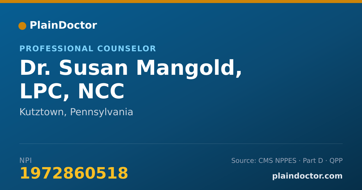 Shareable card for Susan Mangold, LPC, NCC - Professional Counselor, Kutztown, PA