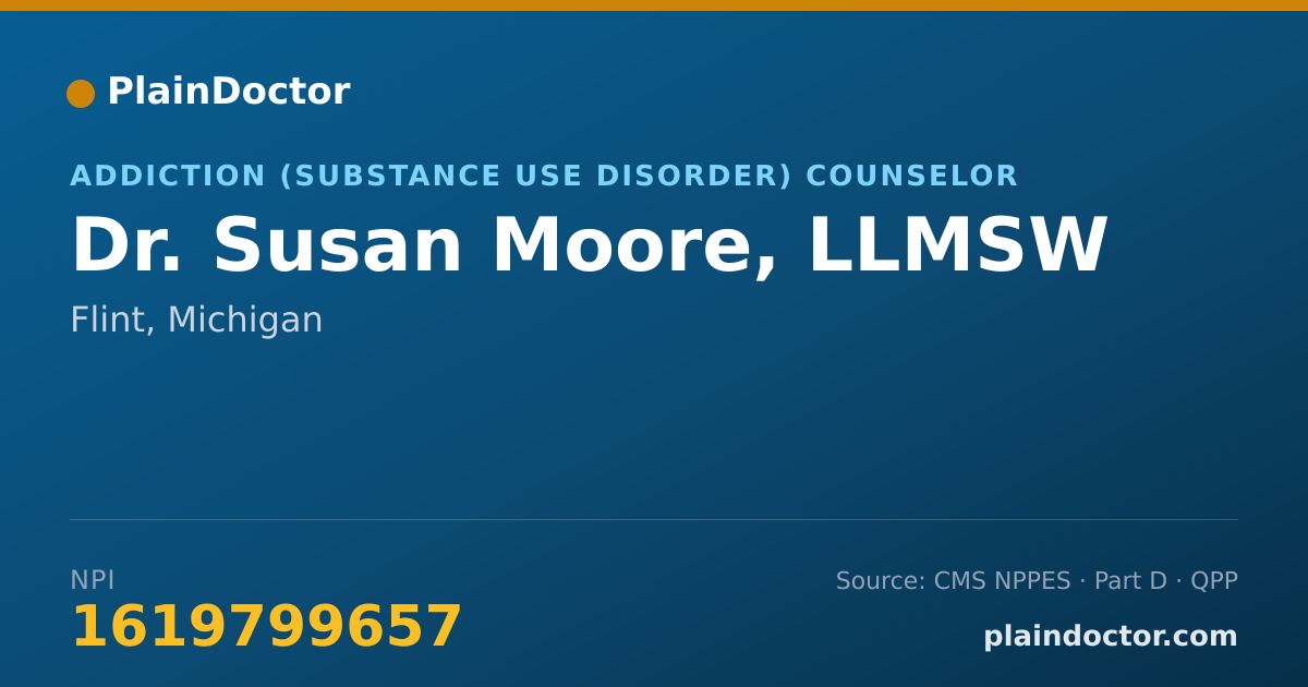 Shareable card for Susan Moore, LLMSW - Addiction (Substance Use Disorder) Counselor, Flint, MI