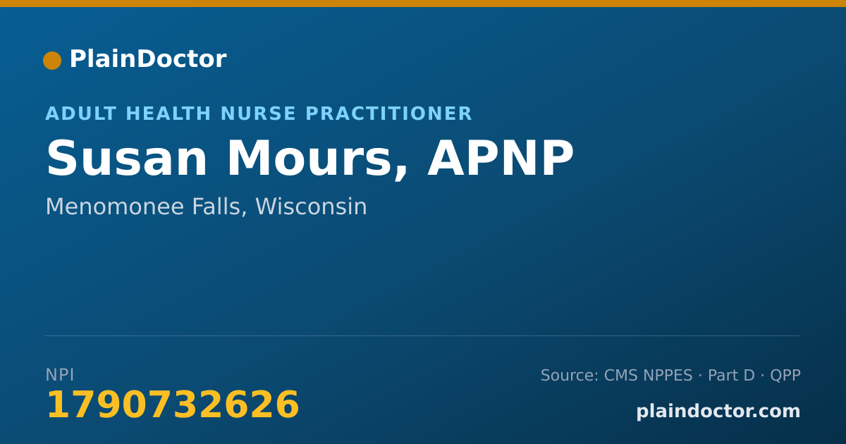 Shareable card for Susan Mours, APNP - Adult Health Nurse Practitioner, Menomonee Falls, WI