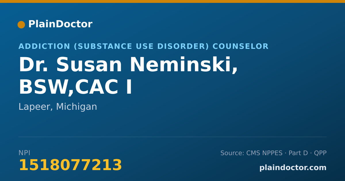 Shareable card for Susan Neminski, BSW,CAC I - Addiction (Substance Use Disorder) Counselor, Lapeer, MI