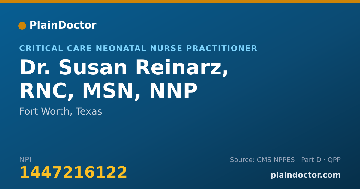 Shareable card for Susan Reinarz, RNC, MSN, NNP - Critical Care Neonatal Nurse Practitioner, Fort Worth, TX