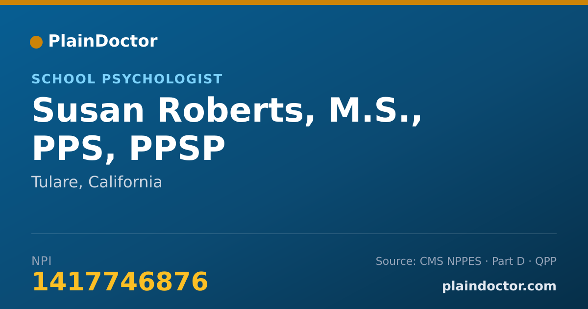 Shareable card for Susan Roberts, M.S., PPS, PPSP - School Psychologist, Tulare, CA