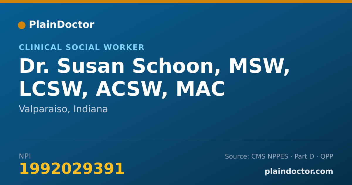 Shareable card for Susan Schoon, MSW, LCSW, ACSW, MAC - Clinical Social Worker, Valparaiso, IN